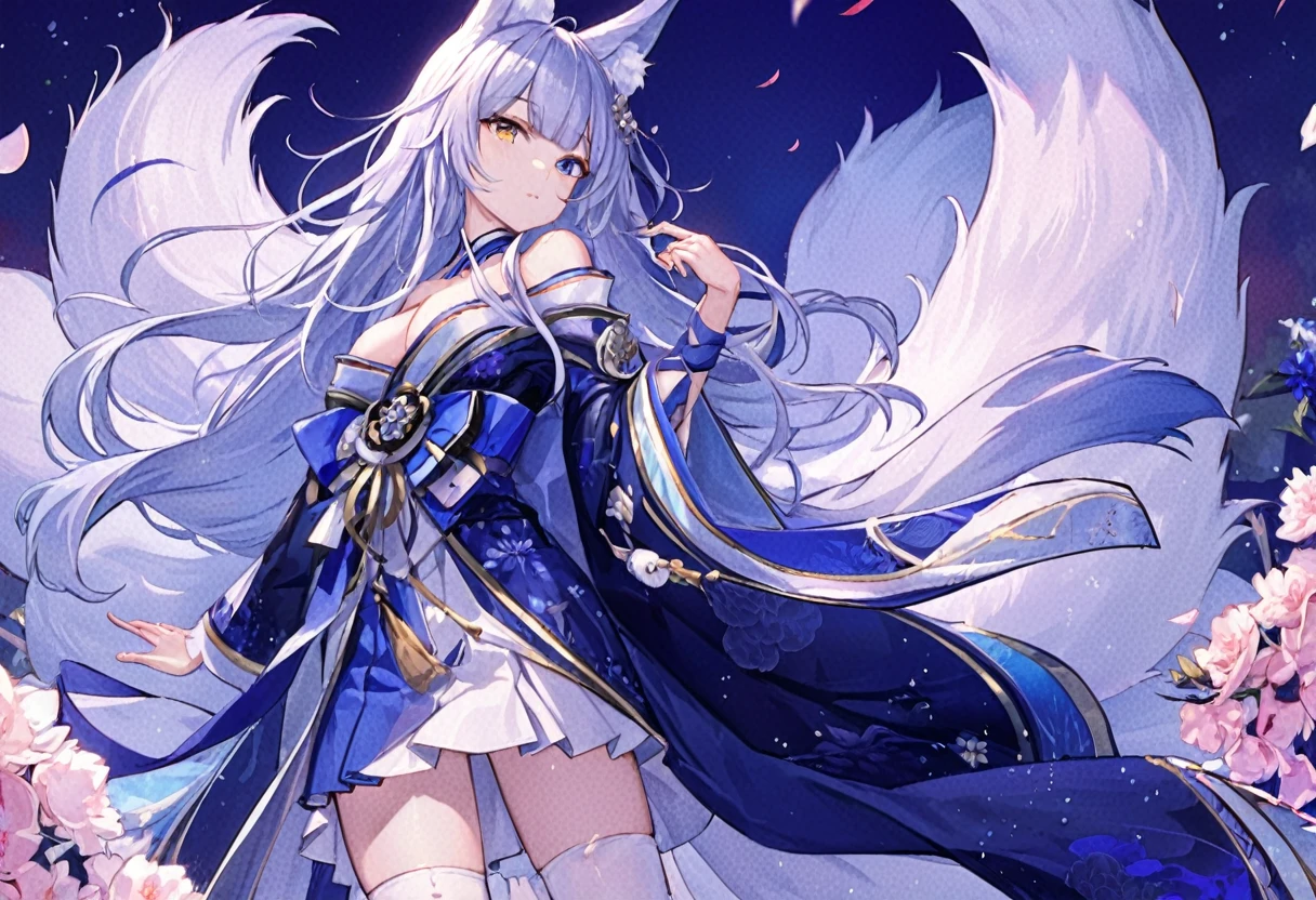 score_9,score_8_up,score_7_up,source_アニメ,cowboy shot,Idealized Forms,Natural Light,details background,blurry background,extremely detailed,1girl, shinano(azurlane),slver hair,long hair,blunt bangs,hair ornament,fox ears,animal ears,animal ear fluff,blue eyes,yellow eyes,cleavage,huge breasts, fox tail,fox girl,multiple tails,kimono,japanese clothes,off shoulder,sidelocks,bare shoulders,blue kimono,collarbone,Fur trim,short kimono,offshoulder,wide sleeves,blue skirt, ((look back)),((Look in the direction of the day after tomorrow)),official art,wall paper