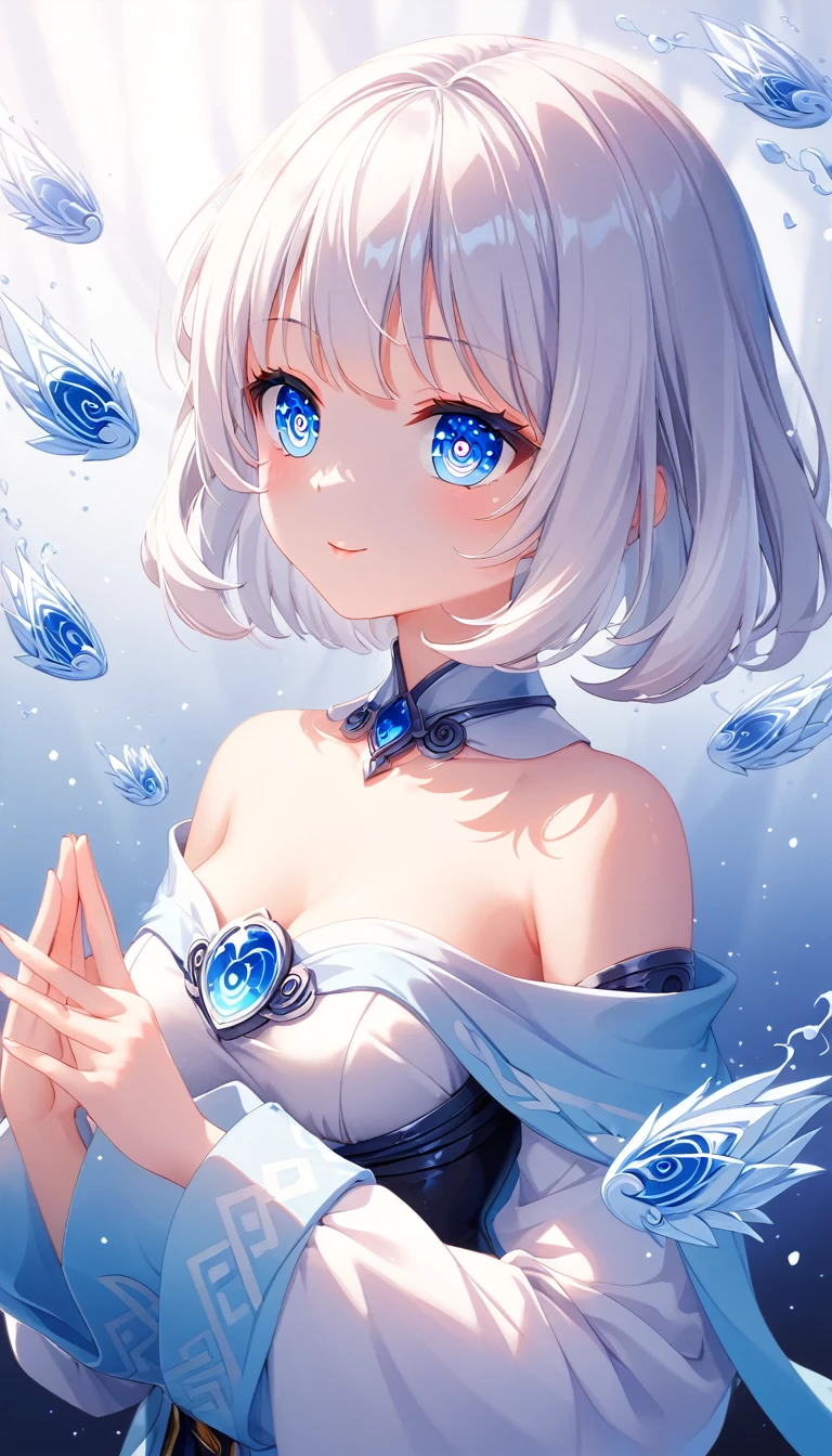 Sleet(Blue base color, white hair)、(Medium Hair)、White skin、Long sleeve off shoulder、(Mysterious atmosphere)、resolution, unity 8k wallpaper, (figure:0.8), (Detailed and beautiful eyes:1.6), Highly detailed face, Perfect lighting, Extremely detailed CG, (Perfect hands, Perfect Anatomy), , 