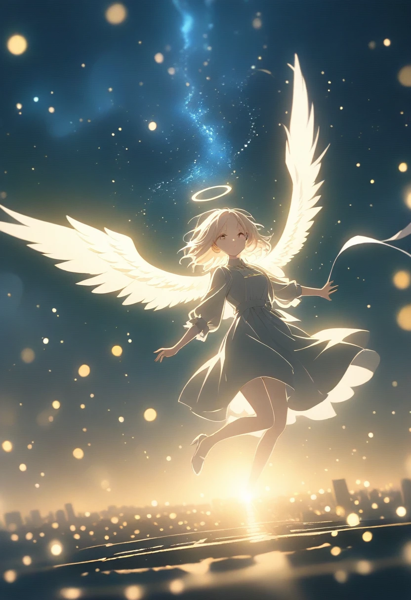 The image depicts a female angel floating above a city at night.。. The city lights shine golden、Create a dramatic atmosphere, Its delicate presence and black feathers contrast with the urban environment.。. Women seem protective and cautious.