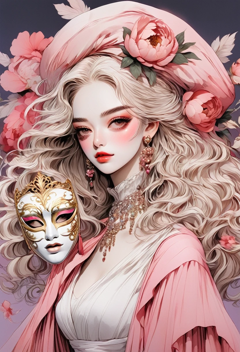 (Highest quality:0.8), (Highest quality:0.8), Perfect illustration,Beautiful woman portrait、One girl, bangs, Black nails, Blonde, Mouth closed, clavicle, ear Earrings, Earrings, Fashion G, hair ornaments, Food, Foodie, Jacket, jewelry, looking at iniewer, Medium Hair, Manicure, necklace, Earrings, short hair, Peony stalk, sleeines past wrists, 一人in, Both sides up, Upper Body, in, Pop Background、Droopy eyes、Celebrity Hat、ぱっつんbangs、summer、Pink gradient background、Earrings、Masquerade Mask、Masquerade Mask、Party Masks、Eye Mask、Mask