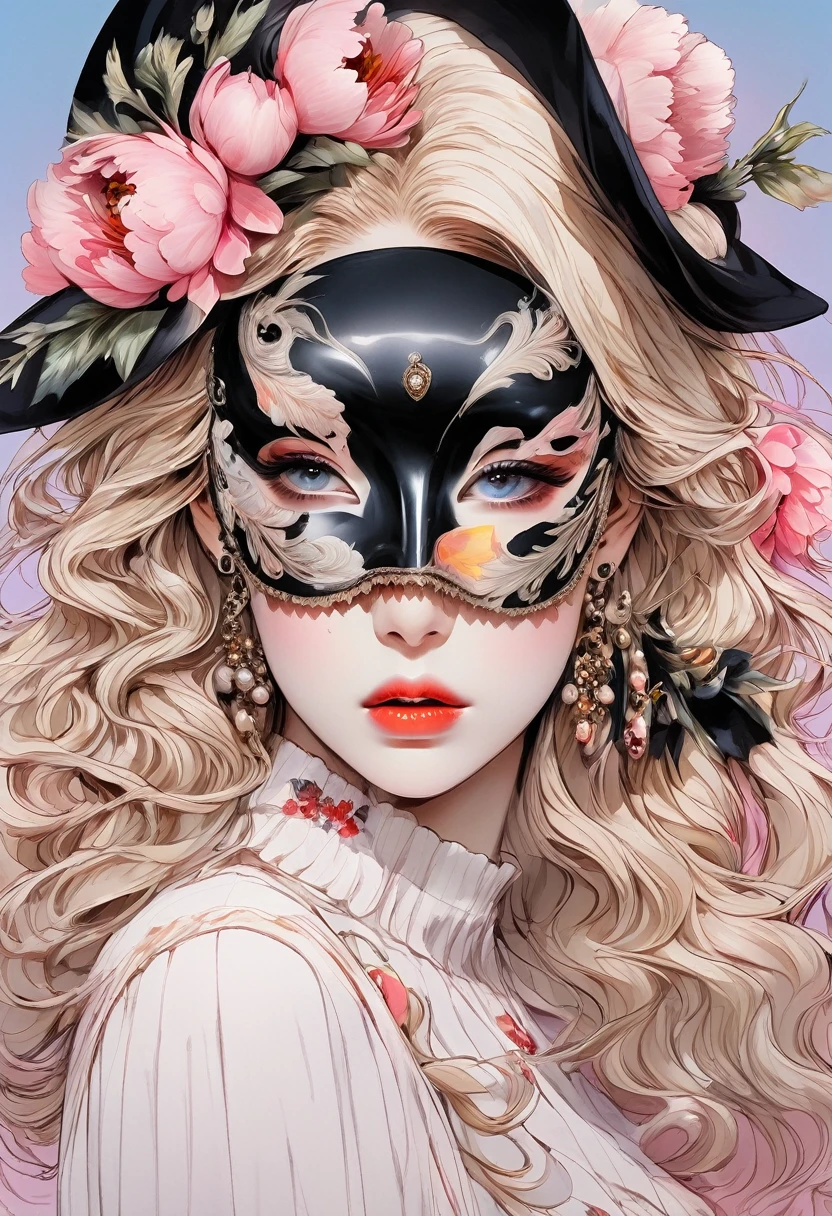 (Highest quality:0.8), (Highest quality:0.8), Perfect illustration,Beautiful woman portrait、One girl, bangs, Black nails, Blonde, Mouth closed, clavicle, ear Earrings, Earrings, Fashion G, hair ornaments, Food, Foodie, Jacket, jewelry, looking at iniewer, Medium Hair, Manicure, necklace, Earrings, short hair, Peony stalk, sleeines past wrists, 一人in, Both sides up, Upper Body, in, Pop Background、Droopy eyes、Celebrity Hat、ぱっつんbangs、summer、Pink gradient background、Earrings、Masquerade Mask、Masquerade Mask、Party Masks、Eye Mask、Mask