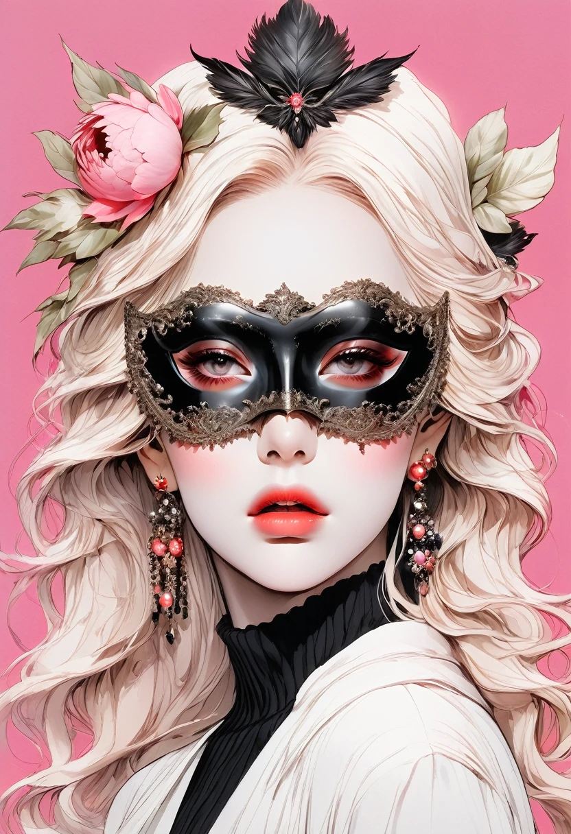 (Highest quality:0.8), (Highest quality:0.8), Perfect illustration,Beautiful woman portrait、One girl, bangs, Black nails, Blonde, Mouth closed, clavicle, ear Earrings, Earrings, Fashion G, hair ornaments, Food, Foodie, Jacket, jewelry, looking at iniewer, Medium Hair, Manicure, necklace, Earrings, short hair, Peony stalk, sleeines past wrists, 一人in, Both sides up, Upper Body, in, Pop Background、Droopy eyes、Celebrity Hat、ぱっつんbangs、summer、Pink gradient background、Earrings、Masquerade Mask、Masquerade Mask、Party Masks、Eye Mask、Mask