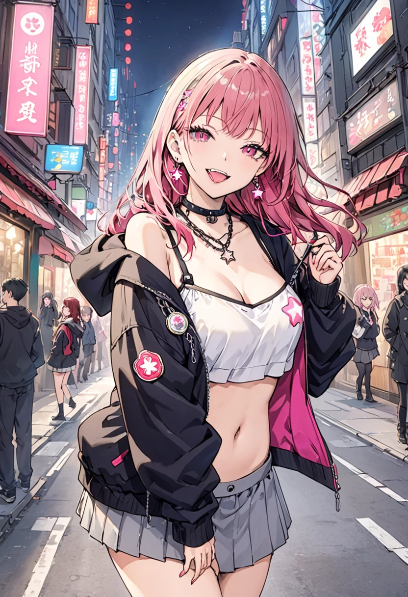 (masterpiece:1.2)、Highest quality、PIXIV、Rebellious girl、One girl、Open your mouth、鋭いteeth、teeth、Long Hair、Street background、gem、badge、ボタンbadge、Food、Pink Eyes、Earrings、Jacket、eyelash、Foodを下にして、star (symbol)、Upper Body、Characters in clothes、zipper、collar、cable、chain、tongue、Stickers、hoodie、smile、spike、Focus on the viewer、長いtongue、Chest in the center、Shoulder Bare、Belly button、Black and pink hair,leaning forward,Cyberpunk city,Night view,Black and white grey outfit