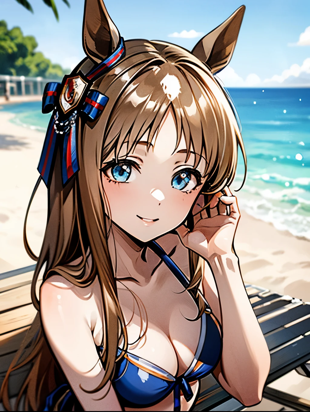 grass wonder \(umamusume\), 1 Mädchen, Allein, süßes Mädchen,beste Qualität, ultra-detailliert, 8K, Hohe Auflösung, Leichtes Lächeln, Bikini, summer, am Strand sitzen, 