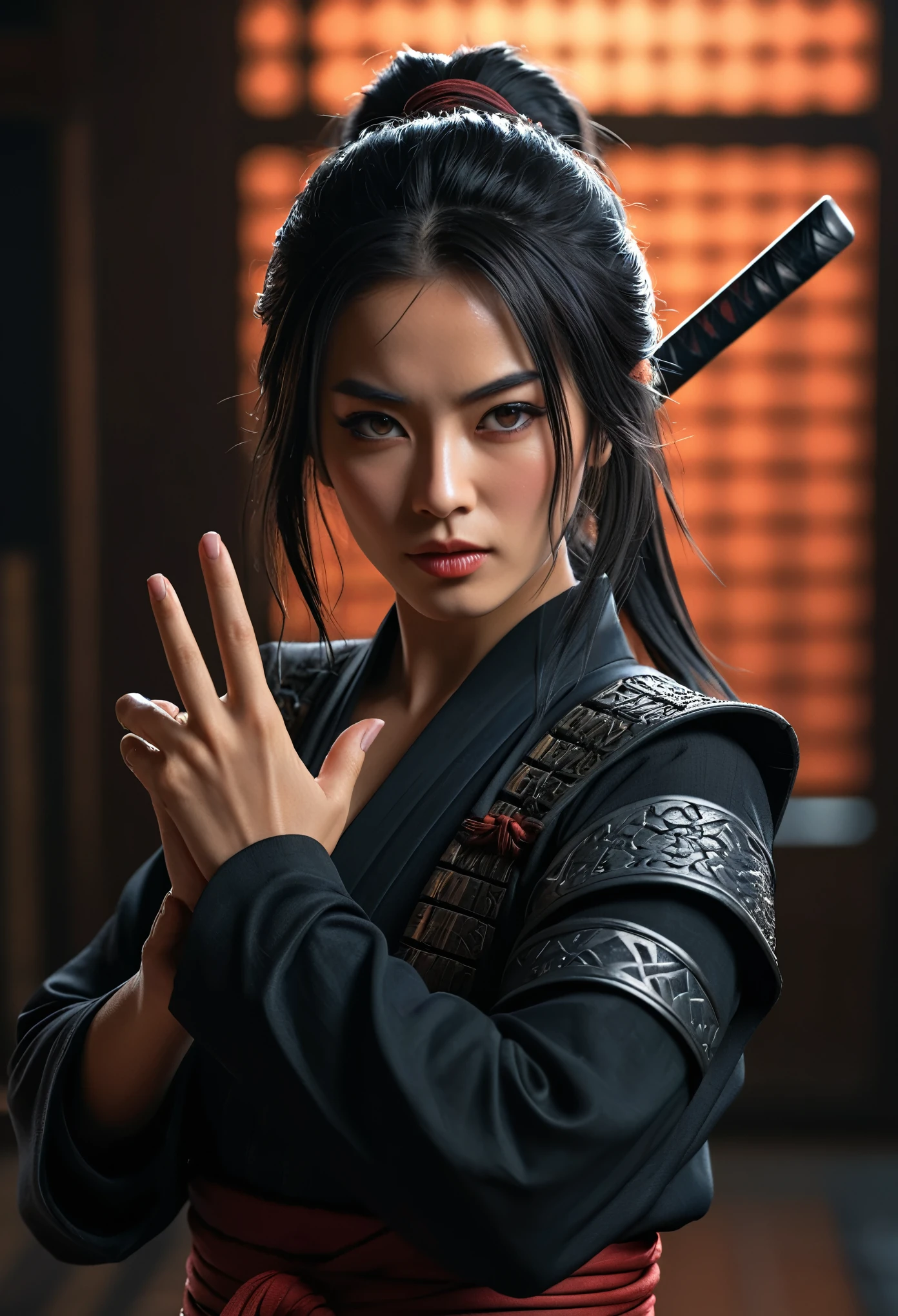 (best quality,4k,8k,highres,masterpiece:1.2), ultra-detailed, (realistic,photorealistic,photo-realistic:1.37),a beautiful female ninja making a hand sign, intricate detailed face, piercing eyes, detailed lips, flowing hair, graceful pose, dynamic action, dark mysterious background, cinematic lighting, dramatic shadows, digital art, concept art, Her hands are clasped together in a hand gesture