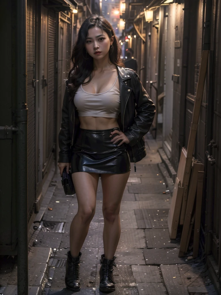 no humans,outdoors,ruanyi046,dirty alley,night,dark,dim lighting,, (8k, RAW photo, best quality, masterpiece:1.3),(realistic, photo-realistic:1.37),realistic skin texture,(photorealistic:1.3),(hyperrealistic:1.2), 1 cute girl,solo,( beautiful eyes:1.2),perfect face.A Chinese prostitute stands on the side of a road, wearing a low-cut tank top with half full breasts exposed, and a low-waisted leather jacket over it. She wore only a short leather skirt, bare thighs and calves, and a pair of high-waisted leather boots on her bare feet. There were a few street girls standing along the road, and they were all scantily dressed to show as much femininity as possible.