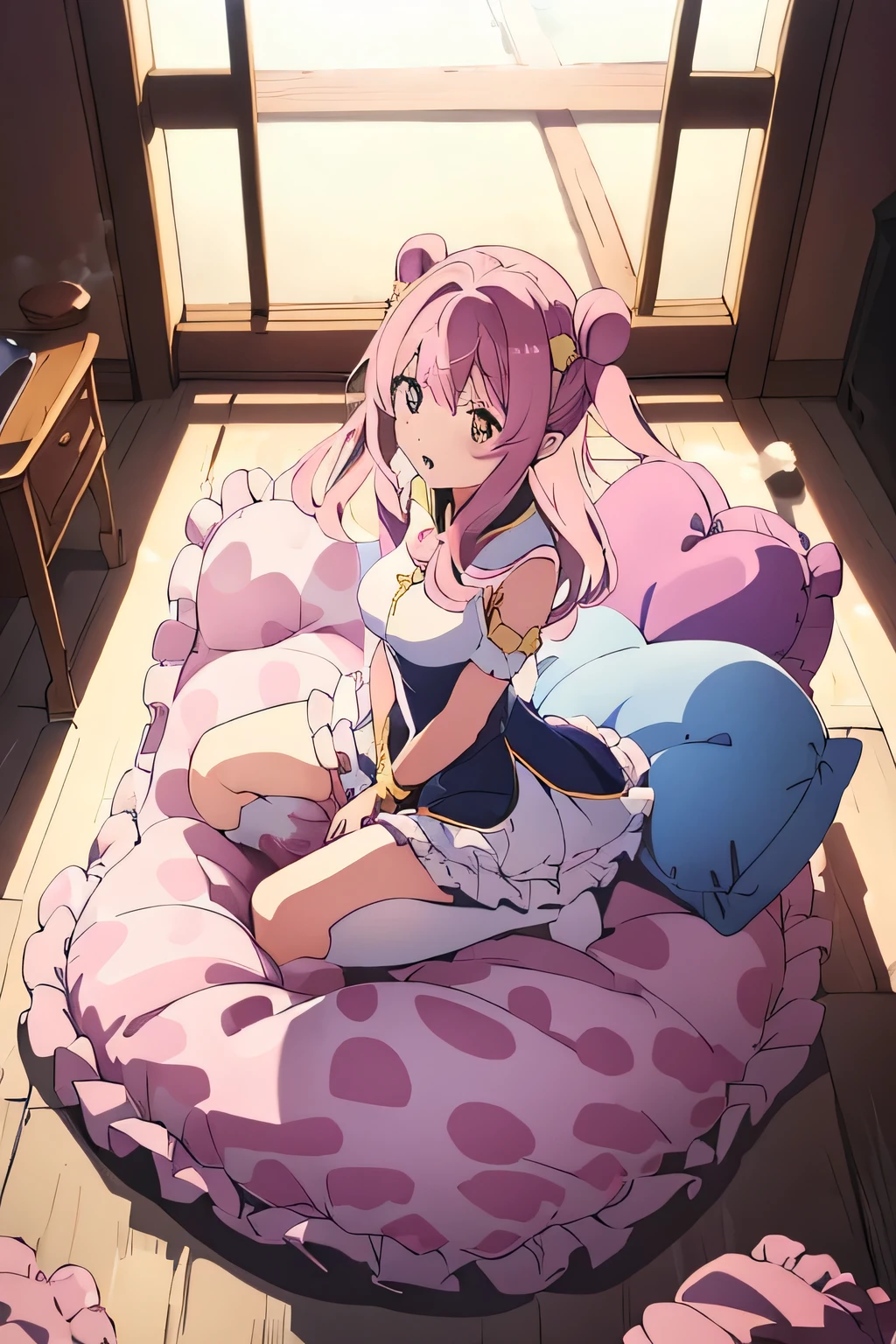 Anime girl sitting on a bed with a pillow in her hand - SeaArt AI