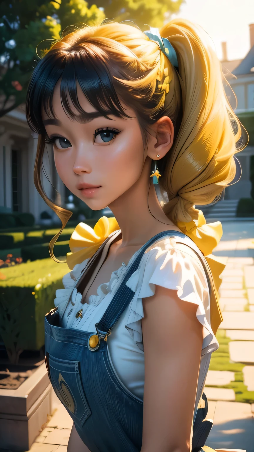 (Very detailed CG Unity 8k wallpaper, masterpiece, 最high quality, Very detailed), (Best lighting, Best Shadow, Very delicate beauty), floating, Sparkling eyes, [(head band, Earrings, (cyan: 1.5|red: 1.2) Headphones and braided pigtail hair, (Light yellow: 1.3) Overalls) :: 0.8] , (Dynamic pose)､ masterpiece, 最high quality, high quality, High resolution､(Upper body portrait)､In the garden of a mansion