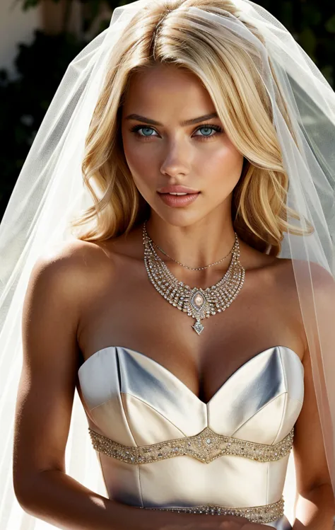 portrait of a beautiful blonde woman, 25 years old, necklace, blonde hair, veil, wedding dress, Adriana Lima