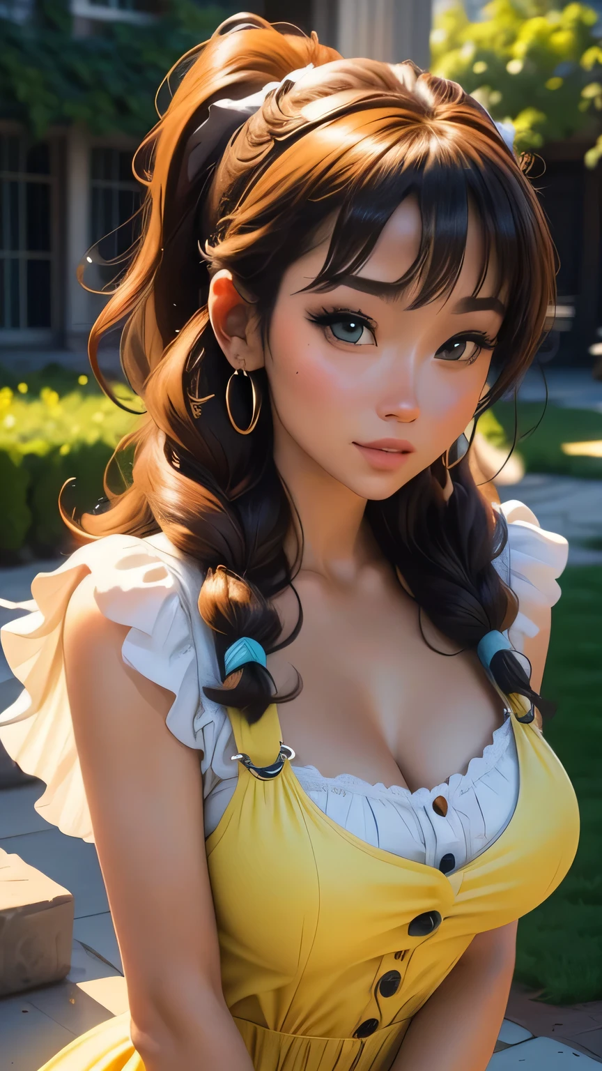 (Very detailed CG Unity 8k wallpaper, masterpiece, 最high quality, Very detailed), (Best lighting, Best Shadow, Very delicate beauty), floating, Sparkling eyes, [(head band, Earrings, (cyan: 1.5|red: 1.2) Headphones and braided pigtail hair, (Light yellow: 1.3) Overalls) :: 0.8] , (Dynamic pose)､ masterpiece, 最high quality, high quality, High resolution､(Upper body portrait)､In the garden of a mansion