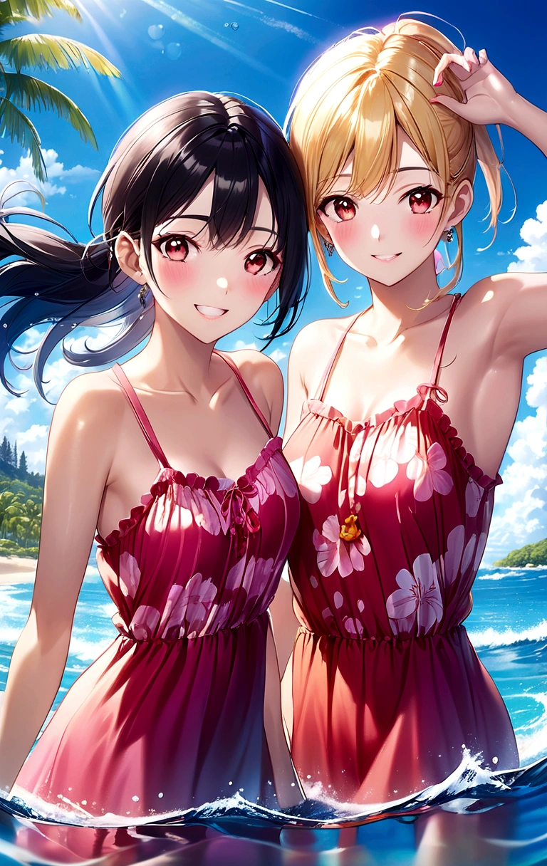 two women on the beach which has clear blue water, bright shining skies. . The first woman has black hair and red eyes and wears a red beach dress, while the second woman has blonde hair and pink eyes and wears a blue beach dress.they were both playing in the water and smiling brightly