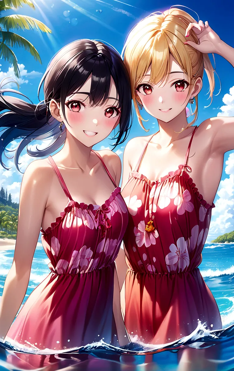 two women on the beach which has clear blue water, bright shining skies. . The first woman has black hair and red eyes and wears...