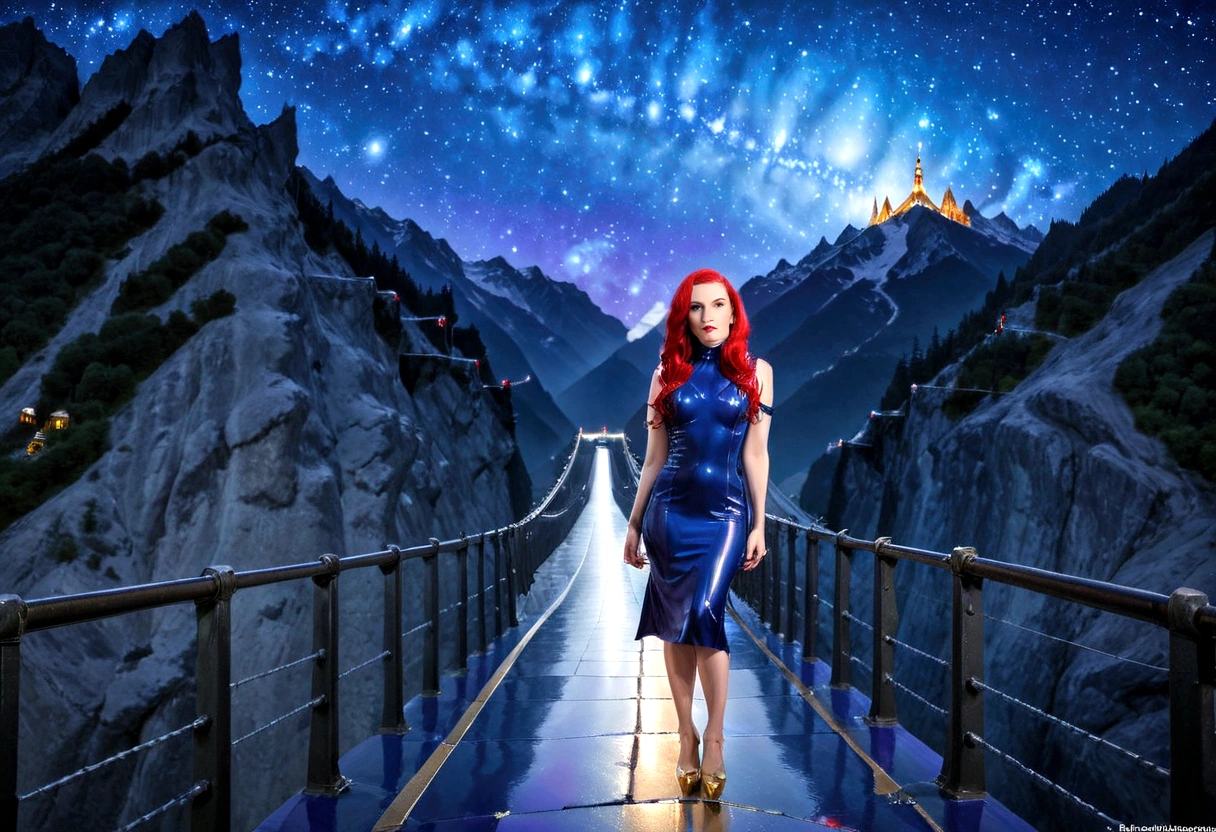 hdr, best image, 8k, photo 3;1, of A beautiful woman, blue latex dress, below the knee, long purple hair, 'black shoes', standing in 1; narrow bridge, white ivory with GOLD, red tile floor, high, over the mountains, descending to the infinity of the universe, stars of the cosmos, universe, giant mountain