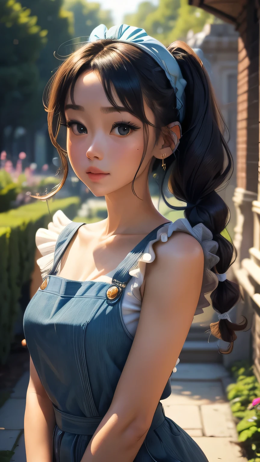 (Very detailed CG Unity 8k wallpaper, masterpiece, 最high quality, Very detailed), (Best lighting, Best Shadow, Very delicate beauty), floating, Sparkling eyes, [(head band, Earrings, Headphones and braided pigtail hair, Light blue overalls) :: 0.8] , (Dynamic pose)､ masterpiece, 最high quality, high quality, High resolution､In the garden of a mansion､(Upper body portrait)､