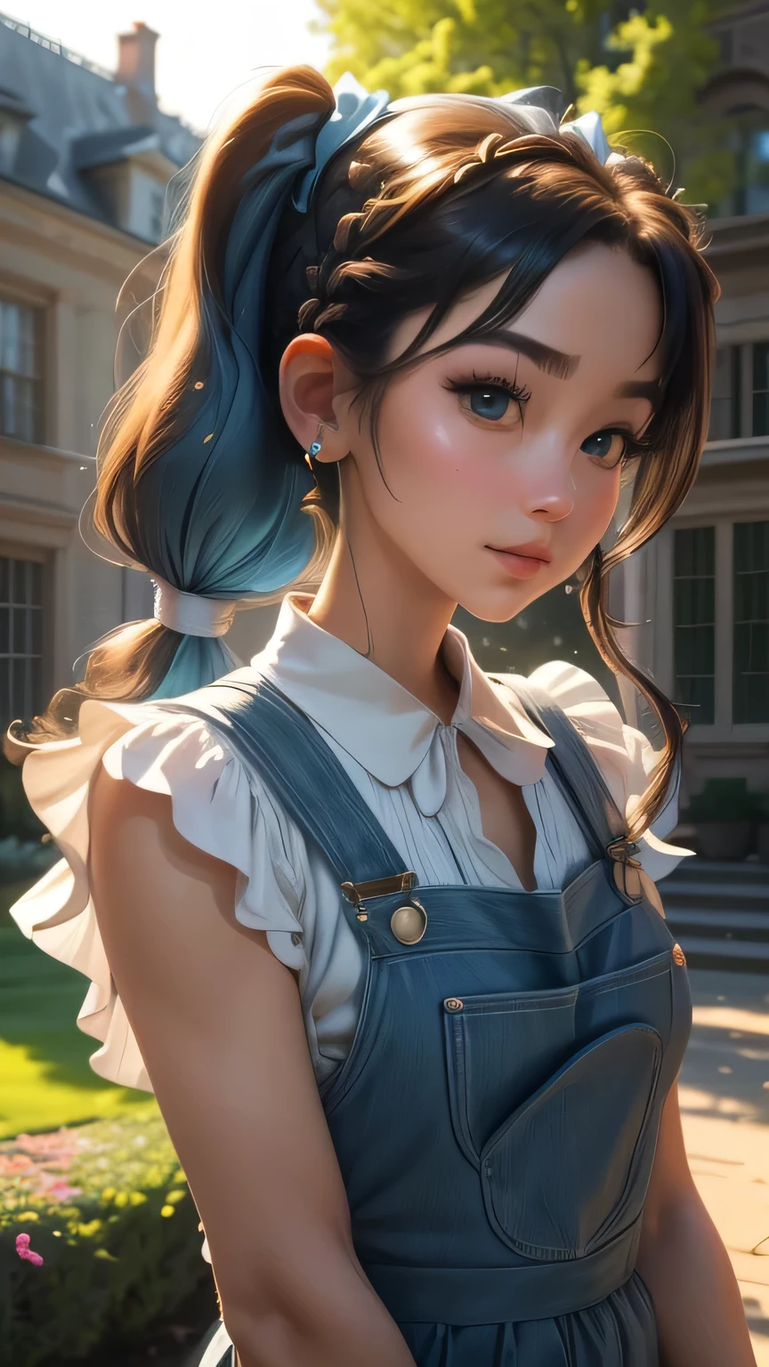 (Very detailed CG Unity 8k wallpaper, masterpiece, 最high quality, Very detailed), (Best lighting, Best Shadow, Very delicate beauty), floating, Sparkling eyes, [(head band, Earrings, Headphones and braided pigtail hair, Light blue overalls) :: 0.8] , (Dynamic pose)､ masterpiece, 最high quality, high quality, High resolution､In the garden of a mansion､(Upper body portrait)､