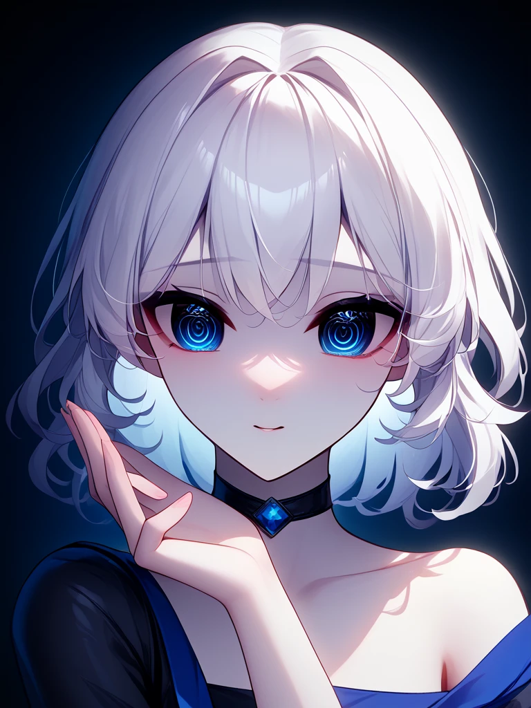 Sleet(Blue base color, white hair)、(Medium Hair)、White skin、Long sleeve off shoulder、resolution, unity 8k wallpaper, (figure:0.8), (Detailed and beautiful eyes:1.6), Highly detailed face, Perfect lighting, Extremely detailed CG, (Perfect hands, Perfect Anatomy), , t