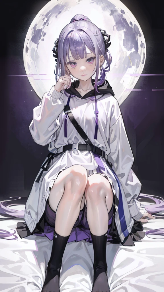 boy thoughtful look open forehead. white and purple hair braided in a ponytail on the left side to one side. sinuous black horns wrapped in dark purple ribbon. pale violet eyes. in short dark purple shorts. long white T-shirt. dark purple knee-high socks. white long coat with hood. black limit stone walls purple light from lamps