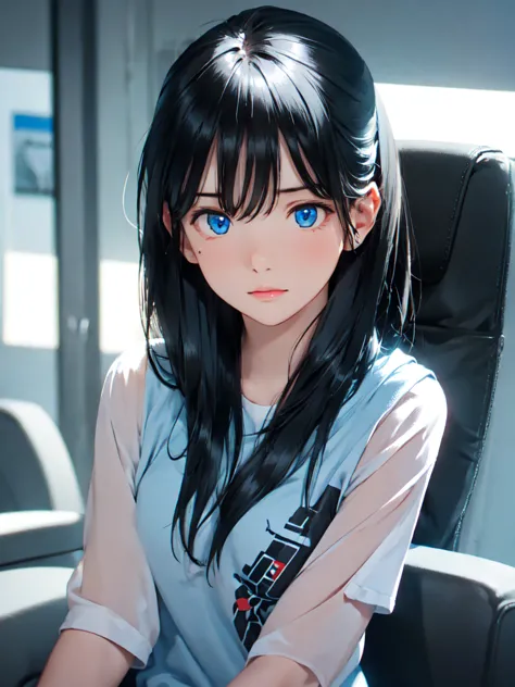 1girl,blank background,looking at viewer,blue eyes,black hair,gamer,gaming