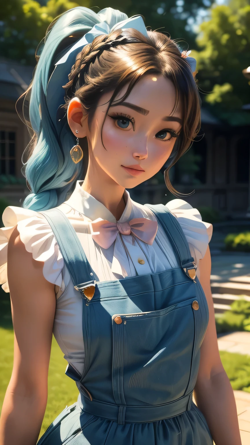 (Very detailed CG Unity 8k wallpaper, masterpiece, 最high quality, Very detailed), (Best lighting, Best Shadow, Very delicate beauty), floating, Sparkling eyes, [(head band, Earrings, Braided pig tail hair, Light blue overalls) :: 0.8] , (Dynamic pose)､ masterpiece, 最high quality, high quality, High resolution､In the garden of a mansion､(Upper body portrait)､