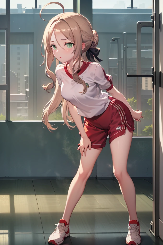 (1girl, fgonero, nero, ahoge, blonde hair, (green eyes:1.5), hair between eyes, hair intakes, braid, buruma, french braid, gym shirt, gym uniform, hair bun, headband, official alternate costume, red buruma, red headband, single hair bun, looking at viewer, standing, leaning forward, arms behind back, indoors, classroom, (masterpiece:1.2), best quality, high resolution, unity 8k wallpaper, (illustration:0.8), (beautiful detailed eyes:1.6), extremely detailed face, perfect lighting, extremely detailed CG, (perfect hands, perfect anatomy))