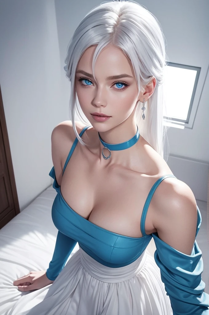 Instagram selfie of a russian model girl in blue tranclucent flluffy tight dress. shoulders opened. Bedroom on the background. platinum blonde. White hair. photo from above. photo from above. photo from above. lips half opened. pink tiny choker on the neck. Live photo in motion. Selfie. light smile on her lips. White hair falling on shoulders. White hair falling on shoulders. White hair falling on shoulders. White hair falling on shoulders. blue eyes. upper body visible. vogue opened pose. She should have a happy expression. soft lights. detailed hairstyle, long hair falling on shoulders, symmetrical. photo from instagram.