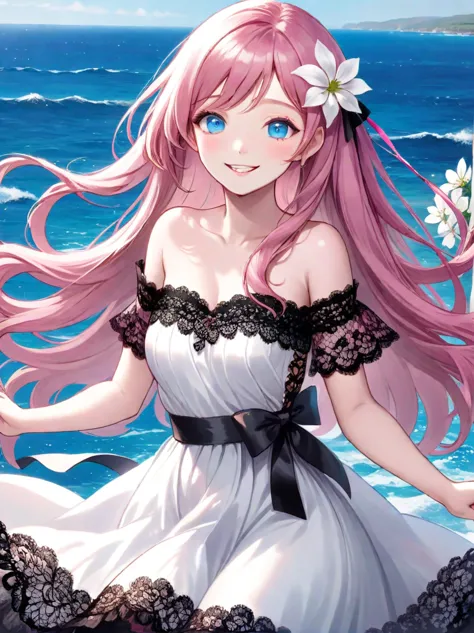 ((best quality)), ((masterpiece)), (detailed), ((perfect face)), one girl、pink long hair、white flowers in her hair、blue eyes、a w...