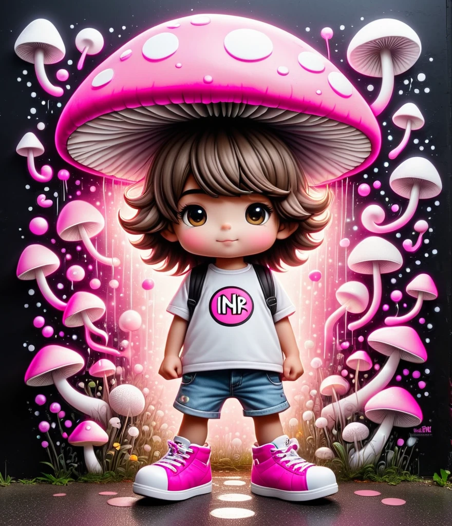 Cute cartoon boy, whole body,Mushroom floating, Pink and white color scheme, Graffiti in the style of Keith Haring, sharpie illustration, Thick lines, Grunge rock style beauty, Blending Mode, Text and emoticons installation, illustration,, 1 nhbm 1