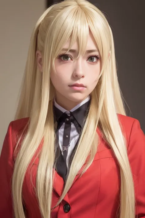 raw photos, ((((extreme beauty portrait))), anime girl with long blonde hair and red jacket, long hair blonde anime girl,saotome...