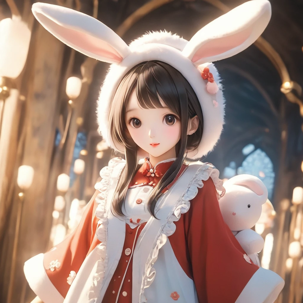 A woman wearing a furry bunny costume，Wearing big bunny ears, full-body shot, Wide Angle, Lovely又充满童真表情, Professional Portraits, Super Fine 8K, high resolution, Detailed facial features, Detailed clothing, Soft Light, excellent, fantasy, Soft colors, Lovely