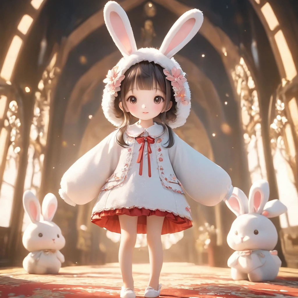 A woman wearing a furry bunny costume，Wearing big bunny ears, full-body shot, Wide Angle, Lovely又充满童真表情, Professional Portraits, Super Fine 8K, high resolution, Detailed facial features, Detailed clothing, Soft Light, excellent, fantasy, Soft colors, Lovely