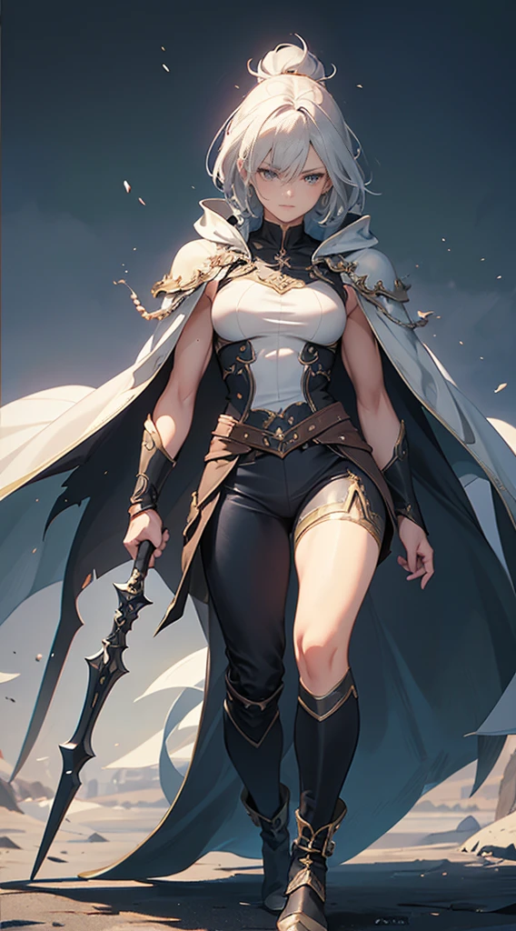 Highest quality、masterpiece、8K、Realistic、超High resolution、Very delicate and beautiful、High resolution、Fantasy、Muscle Girl、Perfect female body、Neutral women、Gray Hair、Short Hair、Toned body、Cape、Clothing with low exposure、pants、boots、cigarette、Wild Pose、Full body emphasis、Simple Background、Angry、Swordsman