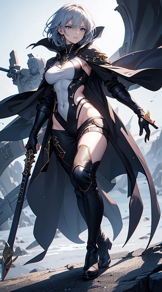 Highest quality、masterpiece、8K、Realistic、超High resolution、Very delicate and beautiful、High resolution、Fantasy、Muscle Girl、Perfect female body、Neutral women、Gray Hair、Short Hair、Toned body、Cape、Clothing with low exposure、pants、boots、cigarette、Wild Pose、Full body emphasis、Simple Background、Angry、Swordsman