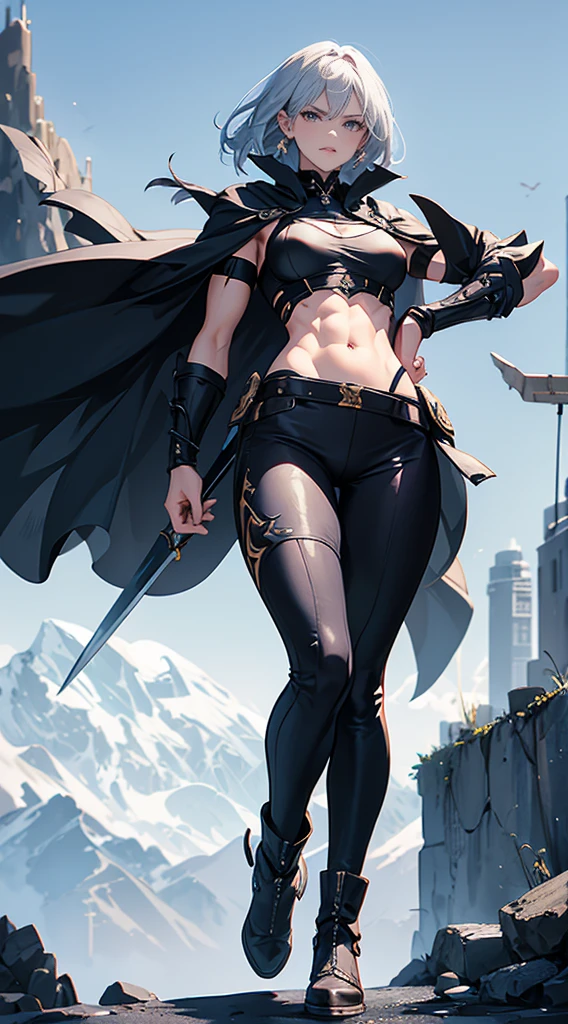 Highest quality、masterpiece、8K、Realistic、超High resolution、Very delicate and beautiful、High resolution、Fantasy、Muscle Girl、Perfect female body、Neutral women、Gray Hair、Short Hair、Toned body、Cape、Clothing with low exposure、pants、boots、cigarette、Wild Pose、Full body emphasis、Simple Background、Angry、Swordsman