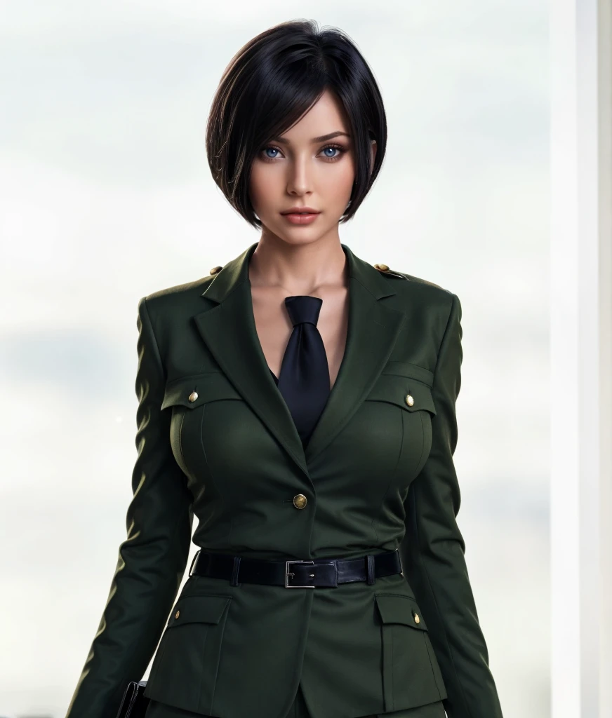 asiatische Frau in grüner Militäruniform, brauner Bob-Haarschnitt,grüner Blazer, grüne Hose, schwarzer Gürtel, black necktie, braune Haare, blaue Schulterklappe, Dekollete, im Büro stehen