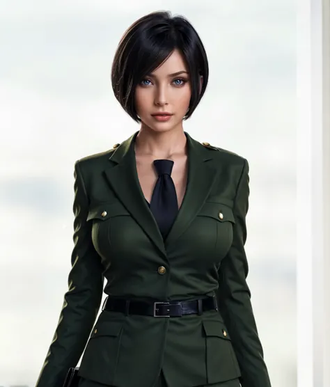 asian woman in green military uniform, brown bob Haircut,green blazer, green trousers, black belt, black necktie, brown hair, bl...