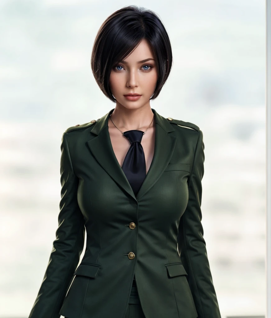 asiatische Frau in grüner Militäruniform, brauner Bob-Haarschnitt,grüner Blazer, grüne Hose, schwarzer Gürtel, black necktie, braune Haare, blaue Schulterklappe, Dekollete, im Büro stehen