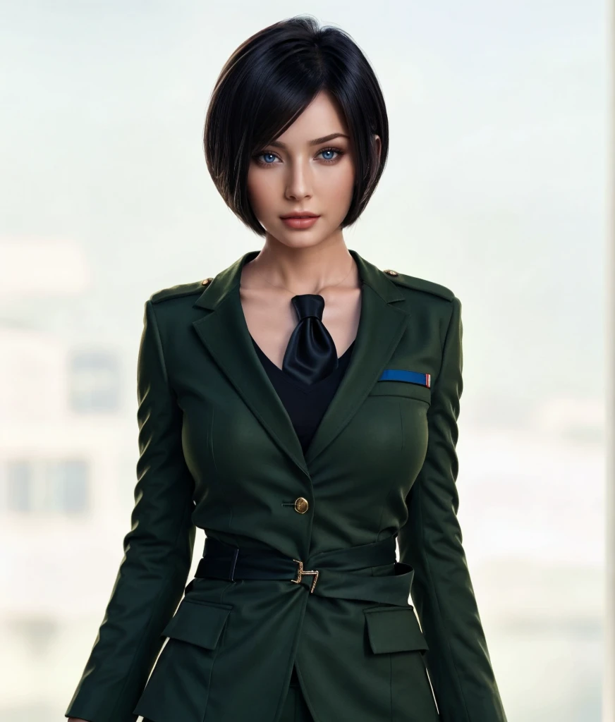 mulher asiática em uniforme militar verde, Corte de cabelo castanho bob,blazer verde, calças verdes, cinto preto, gravata preta, cabelo castanho, dragona azul, decote, em pé no escritório