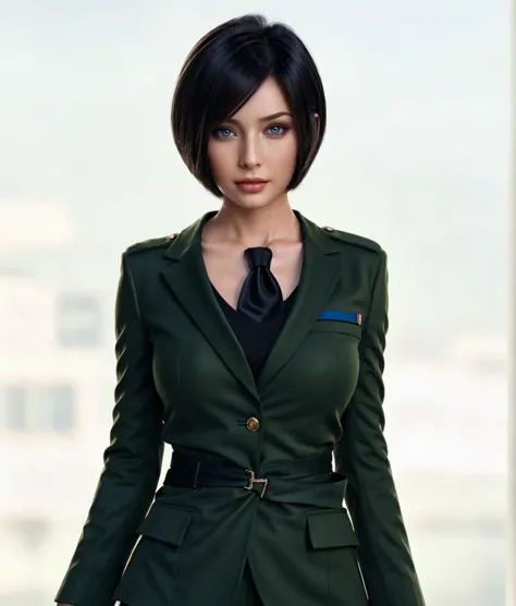 asian woman in green military uniform, brown bob Haircut,green blazer, green trousers, black belt, black necktie, brown hair, bl...