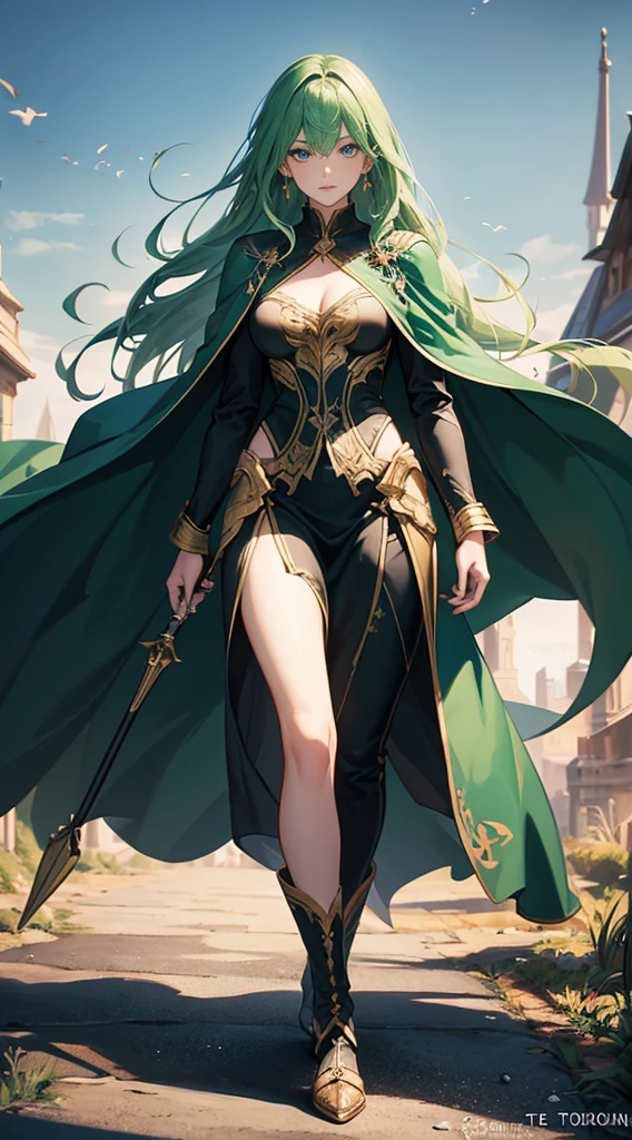 Highest quality、masterpiece、8K、Realistic、超High resolution、Very delicate and beautiful、High resolution、Fantasy、Perfect female body、mature woman、Green Hair、long Hair、Toned body、Cape、Clothing with low exposure、pants、boots、cigarette、Full body emphasis、Simple Background、wizard、witch