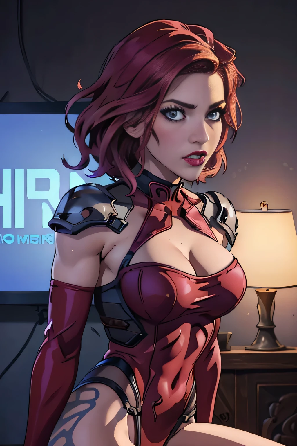 Masterpiece, Ede. Sher as Lilith from Borderlands, high detail plunging sexy high leg Gothic leotard, intricately detailed background, (UHD, 8K wallpaper, High resolution), Cinematic lighting, award-winning, extremely detailed skin, extra detailed face, high detail eyes, photo-realistic, Zeiss 85 mm F/1.4, by Ellen von Unwerth, muscular, athletic body, large breasts 