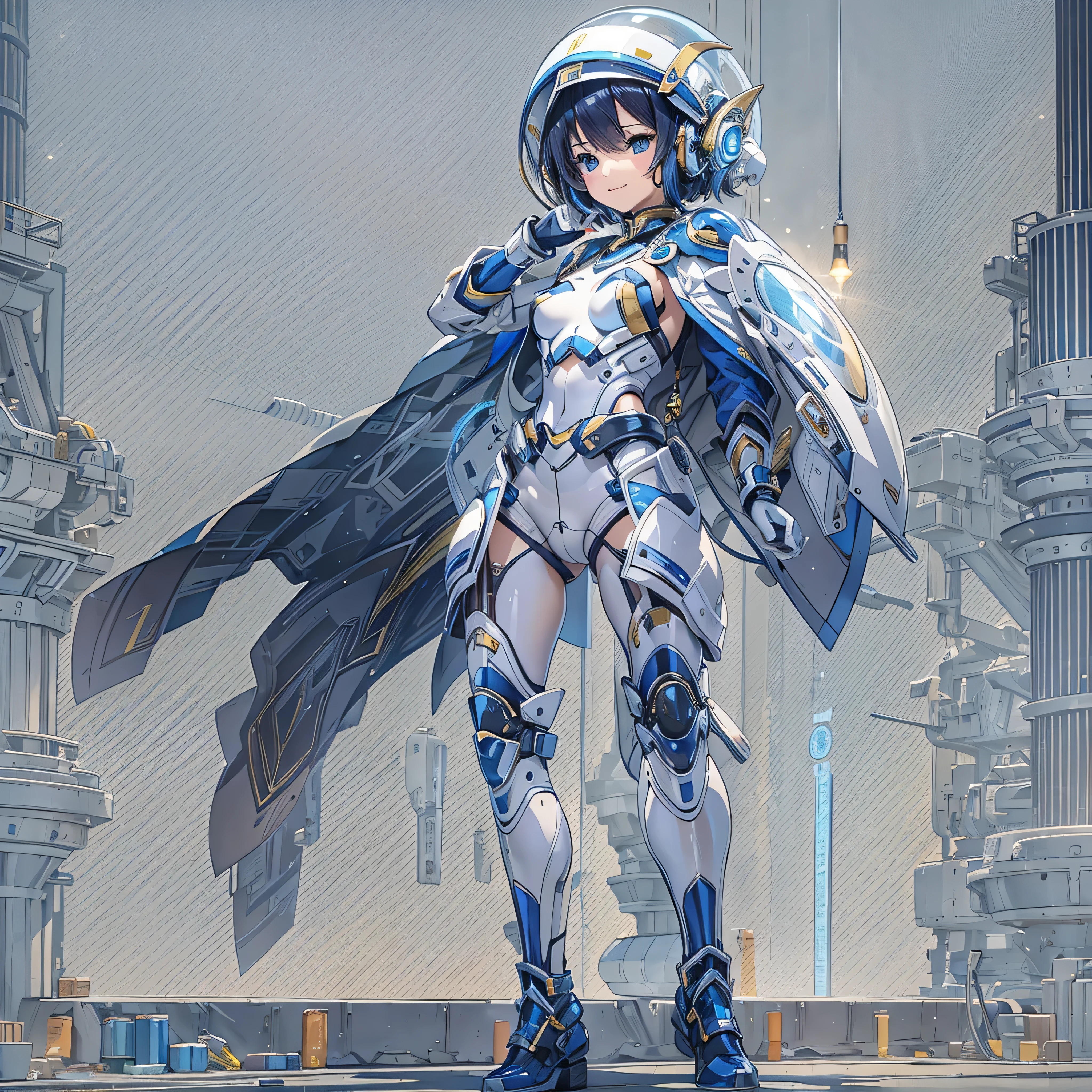 (masterpiece、Highest quality、Highest Resolution、Clear_image、Detailed details、Angle from above): (Whole body、One 20 year old girl、Japanese Faces、Small Face、Slender、Navy blue super short bob cut hair、(Hidden small breasts:1.3)、Sparkling blue eyes、Shiny pilot suit in blue and black colors、Chest protection armor、Tight fitting clothes、Clothing that covers the whole body、Glamorous clothes、Tight Fit Pants、Hide your skin、Very delicate and beautiful、Detailed Skin、hide thighs、Hide your ass、Cute、A gentle smile、Soft expression、heroine、headset、Knee-high boots、Elbow-length gloves、Eye Level Shot、Face directly、Woman on a spaceship)