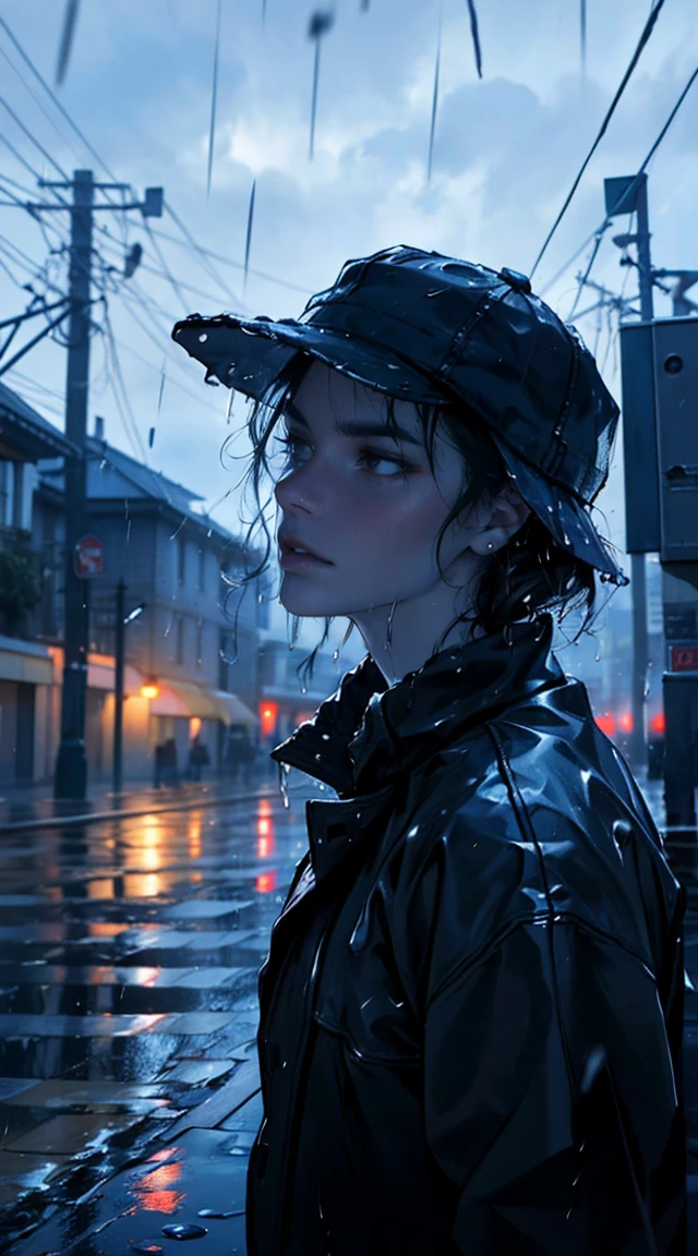 ( Highest quality,4K,8K,High resolution,masterpiece:1.2),Super detailed,(Realistic,photoRealistic,photo-Realistic:1.37),rainy scene,stress,Outdoor,Gloomy atmosphere,Realistic droplets on the face,Soaked clothes,Dark colors,despair,Devastation,Lonely,Lost in Thought,Emotional,Wet roads,Apply mascara to your face,Tears ran down my cheeks.,Rain-soaked hat,Water dripping from hair,Shrug,Visible sadness,Pouring rain,thunderstorm,Severe Weather,Tragic,Deep sorrow,heartache,negative emotion,despairing expression,Cold and wet,pale,Heavy rain,Wet pavement,Tears fall rapidly,Lonely,Devastation.