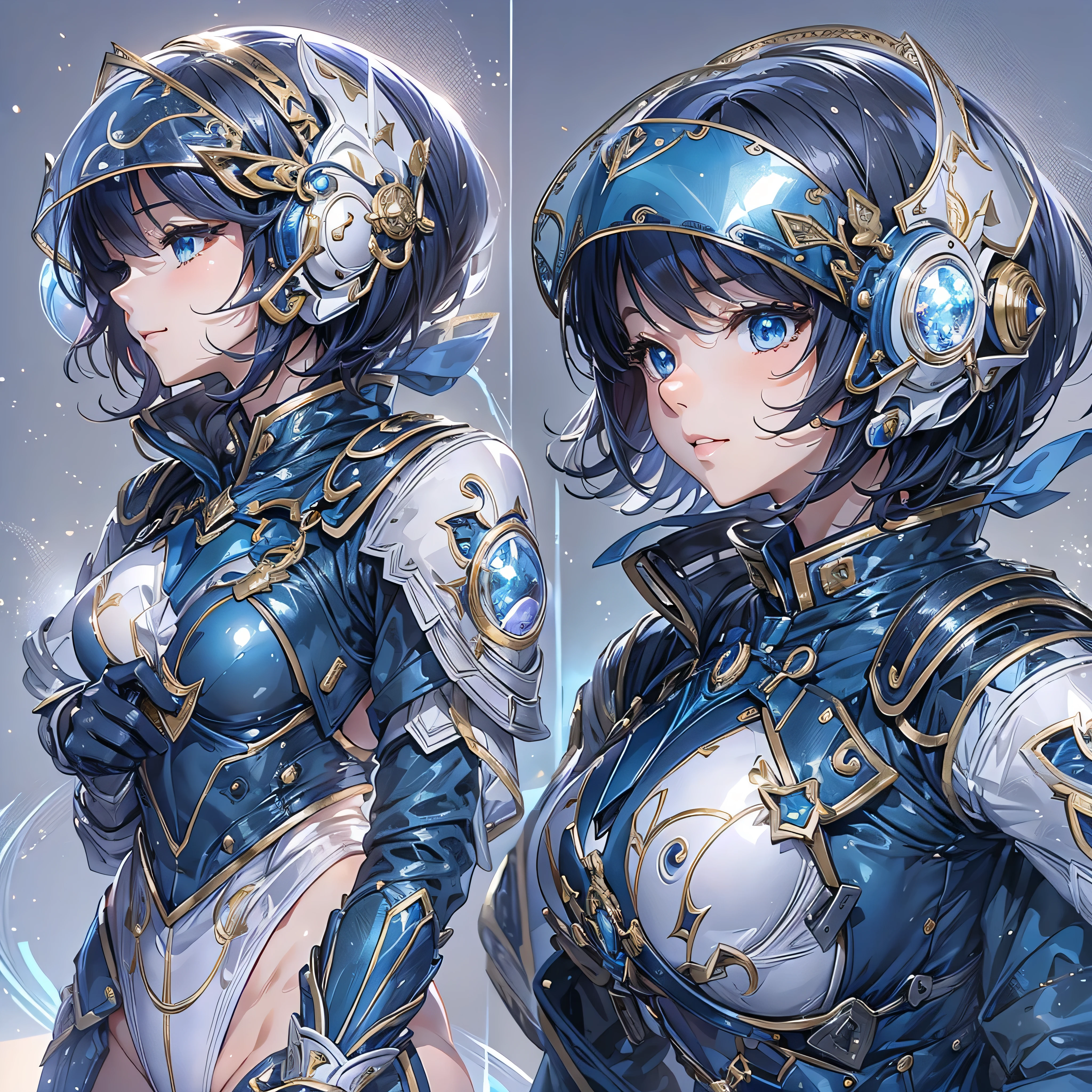 (masterpiece、Highest quality、Highest Resolution、Clear_image、Detailed details、Angle from above): (Whole body、One 20 year old girl、Japanese Faces、Small Face、Slender、Navy blue super short bob cut hair、(Hidden small breasts:1.3)、Sparkling blue eyes、Shiny pilot suit in blue and black colors、Chest protection armor、Tight fitting clothes、Clothing that covers the whole body、Glamorous clothes、Tight Fit Pants、Hide your skin、Very delicate and beautiful、Detailed Skin、hide thighs、Hide your ass、Cute、A gentle smile、Soft expression、heroine、headset、Knee-high boots、Elbow-length gloves、Eye Level Shot、Face directly、Woman on a spaceship)