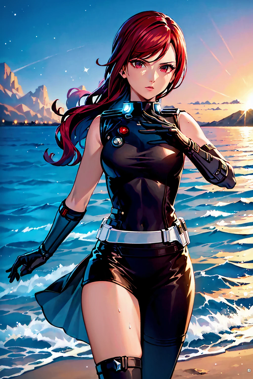 (perfect quality), the night, (Bright starlight), um close de um, ((1womanl), Comandante Shepard de Mass Effect, redheadwear, athletic, gorgeous face),( walking on the beach), (hands behind the back), (Mini Bikinis), long  hair