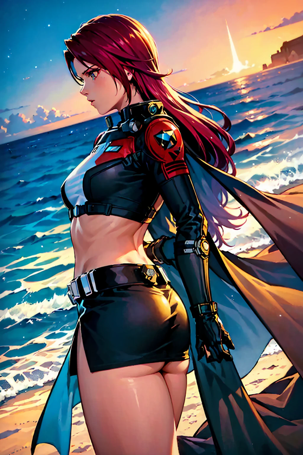 (perfect quality), the night, (Bright starlight), um close de um, ((1womanl), Comandante Shepard de Mass Effect, redheadwear, athletic, gorgeous face),( walking on the beach), (hands behind the back), (Mini Bikinis), long  hair