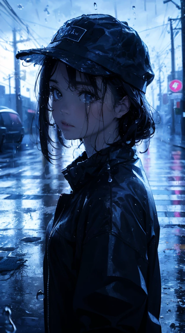 ( Highest quality,4K,8K,High resolution,masterpiece:1.2),Super detailed,(Realistic,photoRealistic,photo-Realistic:1.37),rainy scene,stress,Outdoor,Gloomy atmosphere,Realistic droplets on the face,Soaked clothes,Dark colors,despair,Devastation,Lonely,Lost in Thought,Emotional,Wet roads,Apply mascara to your face,Tears ran down my cheeks.,Rain-soaked hat,Water dripping from hair,Shrug,Visible sadness,Pouring rain,thunderstorm,Severe Weather,Tragic,Deep sorrow,heartache,negative emotion,despairing expression,Cold and wet,pale,Heavy rain,Wet pavement,Tears fall rapidly,Lonely,Devastation.