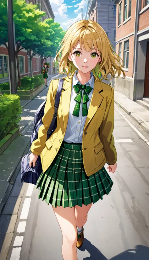 masterpiece, best quality, highres, 1girl, solo, blonde medium hair, brown eyes, , green bowtie, blazer, yellow jacket, long sle...