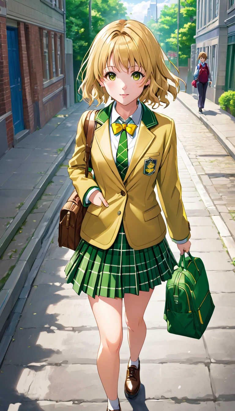 masterpiece, best quality, highres, 1girl, solo, blonde medium hair, brown eyes, , green bowtie, blazer, yellow jacket, long sleeves, plaid skirt, green skirt, walking on street,holding a school bag ,from above