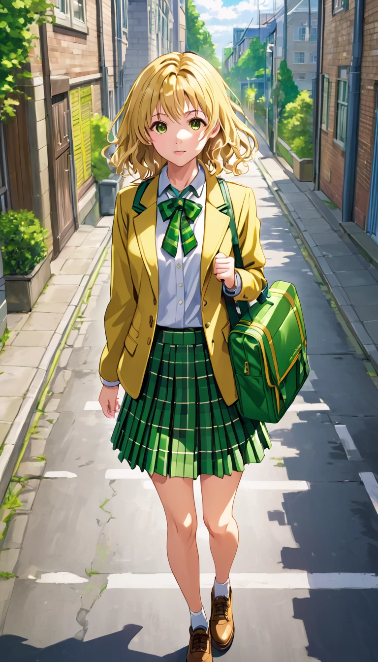 masterpiece, best quality, highres, 1girl, solo, blonde medium hair, brown eyes, , green bowtie, blazer, yellow jacket, long sleeves, plaid skirt, green skirt, walking on street,holding a school bag ,from above