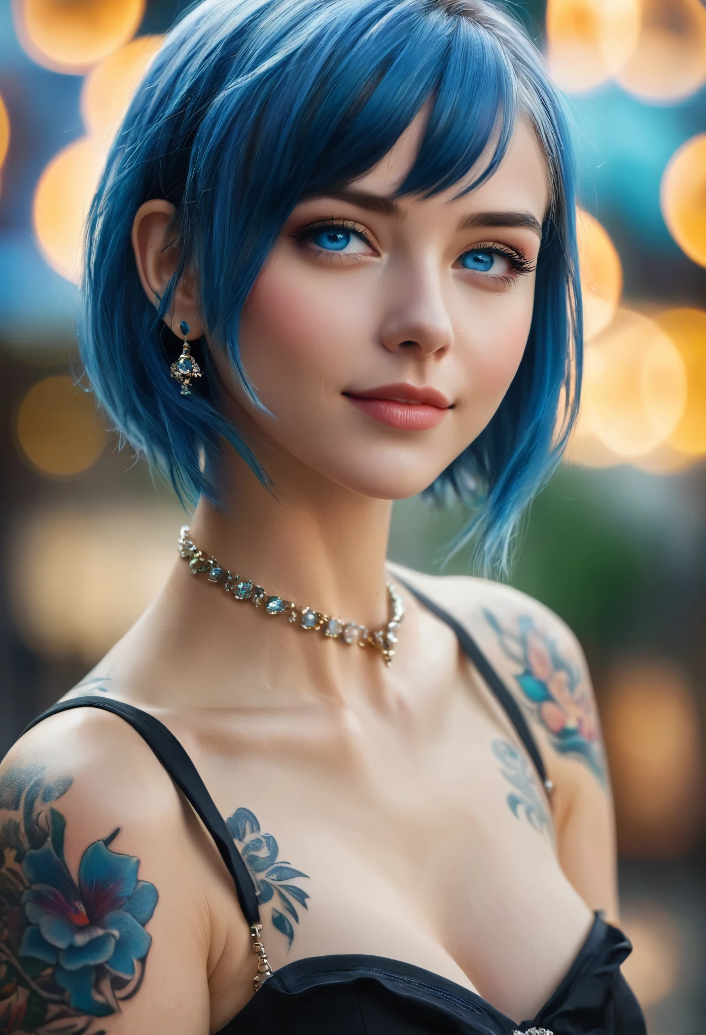 Obra de arte, 最alta qualidade, alta qualidade, Muito detalhado CG uniform 8k wallpaper, Uma garota, sozinho, cabelo azul, tatuagem, cabelo curto, ter, joia, Sorriso, colar, olhando para o público, ter, realista, abra sua boca, dentes, tronco, melhor, nariz, Ombros nus, arteist name, tiara preta, Clavícula, arm tatuagem, olhos azuis, lábios, embaçado, óleo, fotografia premiada, bokeh, Profundidade do limite escrito, alta resolução, florescer, Aberração cromática, Realismo, Muito detalhado, Complexo da Estação de Arte, Alto detalhe, Dramático, arte：meio da jornada